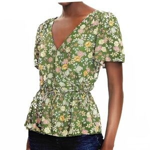 NWT Ann Taylor Loft Green Floral Wrap Blouse Size M